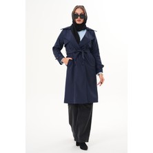 Kuşaklı Astarlı Uzun Trençkot Lacivert