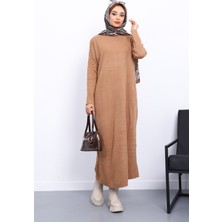 Bisküvi Dik Yaka Fitilli Triko Elbise