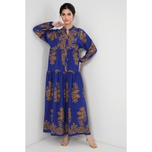 Hiccup Kadın BDART Düğmeli V Yaka Desenli Maxi Elbise Gök Mavisi