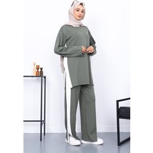 Haki Renk Bloklu Modal Tunik Pantolonlu Takım