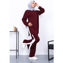 Mürdüm Renk Bloklu Modal Tunik Pantolonlu Takım