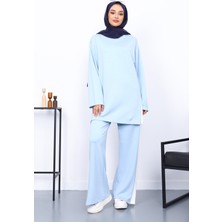 Bebe Mavi Renk Bloklu Modal Tunik Pantolonlu Takım