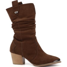 Kadın Kahve Sivri Burun Kalın Topuklu Kovboy Çizme