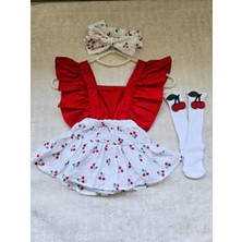 Kız Bebek Kiraz Desen Fırfırlı Kırmız Slopet Bandana Kiraz Keçeli Beyaz Çorap 3'lü Set
