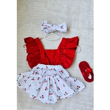 Kız Bebek Kiraz Desen Fırfırlı Kırmız Slopet Bandana Kırmızı  Babet 3'lü Set