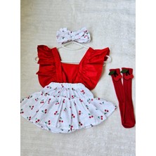 Kız Çocuk Kiraz Desen Fırfırlı Kırmız Slopet Bandana Kırmızı Keçeli Çorap