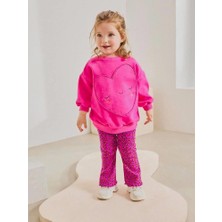 Kız Çocuk Pamuklu Fuşya Kalpli Sweatshirt Leopar Desenli Pantolon Takım