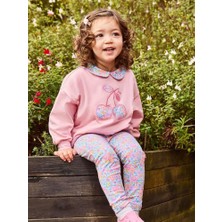Kız Çocuk Pamuklu Pembe Kiraz Nakışlı Sweatshirt Çiçek Desenli Pantolon Takım