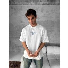 Ön ve Arka Baskılı Oversize Bisiklet Yaka T-Shirt- Beyaz