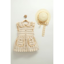 Kız Çocuk Fırfırlı Çizgili Elbise ve Şapka Takımı (1-2-3-4 Yaş)