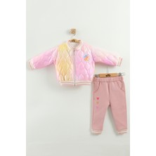 Kız Bebek Baskılı 3'lü Eşofman Takımı (Sweatshirt, Pantolon, Ceket) (9-12-18 Ay)