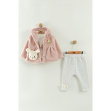 Kız Bebek Kapüşonlu, Pantolon ve Peluş Mont 3’lü Takım (6-9-12 Ay)