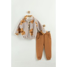 Kız Bebek Ayı Desen Peluş 3'lü Peluş Eşofman Takım (9-12-18 Ay)