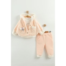 Kız Bebek Kurdele Cep Detaylı Kapüşonlu Peluş 3'lü Eşofman Takım (9-12-18 Ay)