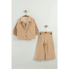 Kız Çocuk Çiçek Nakışlı Ceket ve Pantolon 3'lü Takım (2-3-4-5 Yaş)