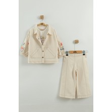 Kız Çocuk Çiçek Nakışlı Ceket ve Pantolon 3'lü Takım (2-3-4-5 Yaş)