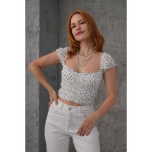 Puantiyeli Belden Oturtmalı Tül Beyaz Bluz