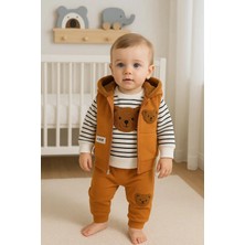 Peluş Ayıcık Desenli Kapişonlu 3'lü Erkek Bebek Takımı 3-18 Ay