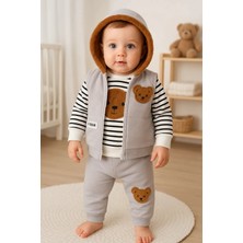 Peluş Ayıcık Desenli Kapişonlu 3'lü Erkek Bebek Takımı 3-18 Ay