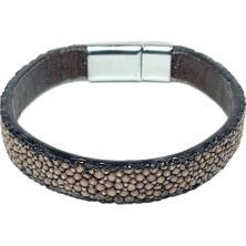 JTAW25BLK1575 Üst Vatoz Balığı Derisi Alt Hakiki Dana Derisi Bej Renk Paslanmaz Krom Kaplama Alaşımlı Metal Mıknatıs Kapama Garantili Hediye Kutulu Janti Deri Bileklik