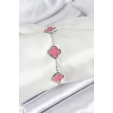 Tua Moda 316L Çelik Gümüş Zincir Pembe Renk Yonca Bileklik