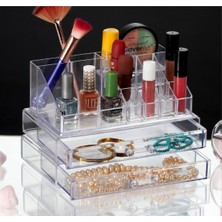 3 Katlı Beyaz Takı ve Makyaj Organizer, 2 Çekmeceli, Şeffaf Düzenleyici