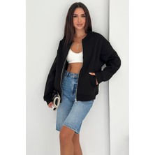 Kadın Fermuarlı Oversize Kolej Hoodie – Sardonlu & Kapüşonlu