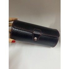 Şık Kırmızı Dikişli Siyah Deri 3'lü Saat Kutusu