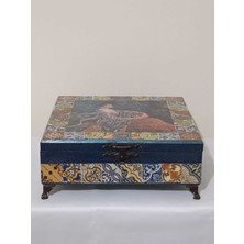 Yeşil Ahşap Karolu Harem Hanımı Desenli Dekoratif Kutu 26X26X8 cm