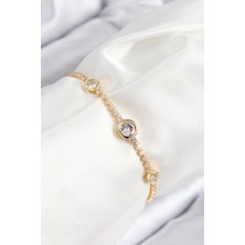 Pirinç Zirkon Taşlı Daire Model Gold Renk Asansörlü Kadın Bileklik