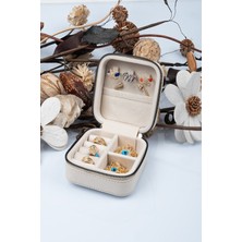 Beyaz Fermuarlı Deri ve Ahşap Çanta, Seyahat ve Takı Organizer, 11X11 cm