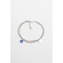 Nazar Figürlü 18 Ayar Beyaz Altın Kaplama 19 cm Gümüş Minimal Bileklik