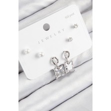 Pirinç Zirkon Taşlı Sallantılı Kare Model Gümüş Renk 925 Ayar Gümüş Çivi Kadın Küpe Set