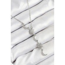 316L Çelik Zirkon Taşlı Güneş ve Ay Model Gümüş Renk Kadın Kolye