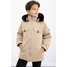 Bej Çıtçıtlı Göğüs Cepli Içi Kürklü Erkek Çocuk Kapüşonlu Mont 21352
