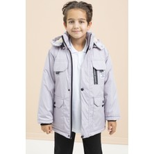 Gri Yazı Detaylı Göğüs Cepli Içi Kürklü Erkek Çocuk Kapüşonlu Mont 21479