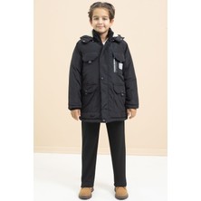 Cansın Mini Siyah Yazı Detaylı Erkek Çocuk Kapüşonlu Şişme Mont 21475 Su İtici Özellikli Regular Fit