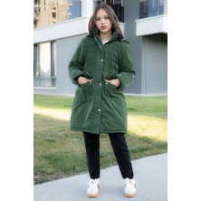 Haki Kemerli Nubuk Kumaş Kız Çocuk Içi Kürklü Kapüşonlu Şişme Mont 21313