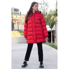 Kırmızı Içi Kürklü Çıtçıtlı Kapüşonlu Kız Çocuk Şişme Mont 21321
