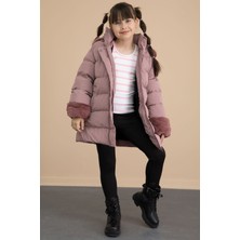 Pembe Kolu Kürk Detaylı Içi Yünlü Kız Çocuk Kapüşonlu Şişme Mont 21329