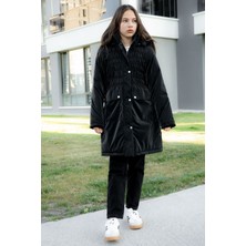 Siyah Kemerli Nubuk Kumaş Kız Çocuk Içi Kürklü Kapüşonlu Şişme Mont 21311