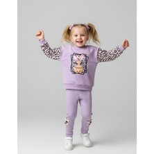 Kolları Leopar Desenli Tavşan Baskılı Fitilli Taytlı Kız Çocuk Takımı