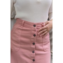 Boydan Düğmeli Gabardin Etek Pudra