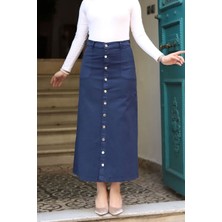 Boydan Düğmeli Gabardin Etek Lacivert