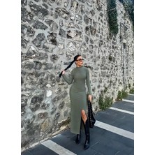 Yırtmaçlı Kalın Bürümcük Uzun Elbise Yeşil