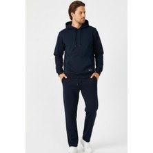Lacivert Regular Fit Kapüşonlu Cepli Sweatshirt Düz Paça Erkek Eşofman Takımı
