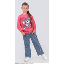 Pjk2ikt Kuromi Desenli 2 Ip %100 Pamuk Kız Çocuk Kot Pantolonlu Takımı 3-10 Yaş 8224