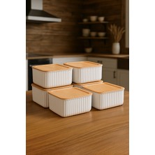 6'lı Kare Kahvaltılık Saklama Kabı Kasesi Takımı - Bambu Kapak Görünümlü 220 ml