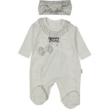 Kız Bebek Ekru Kalp Desenli Happy Yazılı Fiyonklu Bandanalı Tulum - 1013667