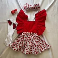 Kız Bebek Karpuz Desenli Salopet Bandana ve Keçeli Çorap 3'lü Set
